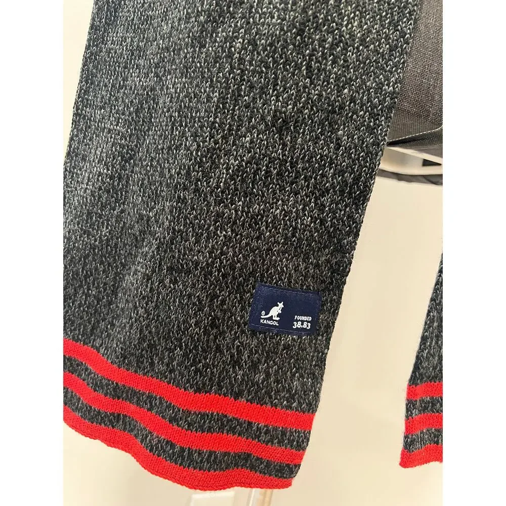 NEW Kangol Winter Scarf Wool Blend Gray w Red Stripes Thick Knit 74